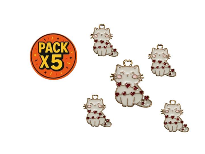 Dije Esmaltado Gatitos Blancos Dorados con Corazones x 5 Unidades